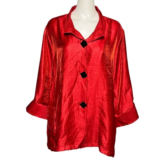 Ali Miles Size 3X Artsy Vivid Red Wire Collar Boxy Button Up Shirt Tunic Top - Picture 8 of 8